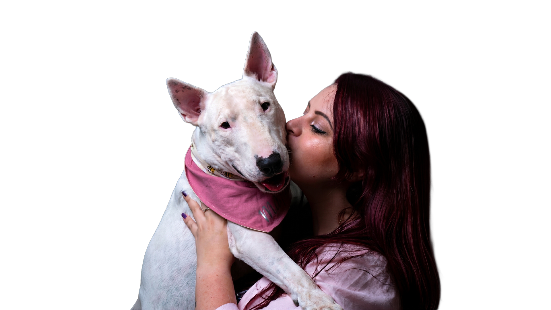Tiffany Barrett with Maggy May, her white English Bull Terrier